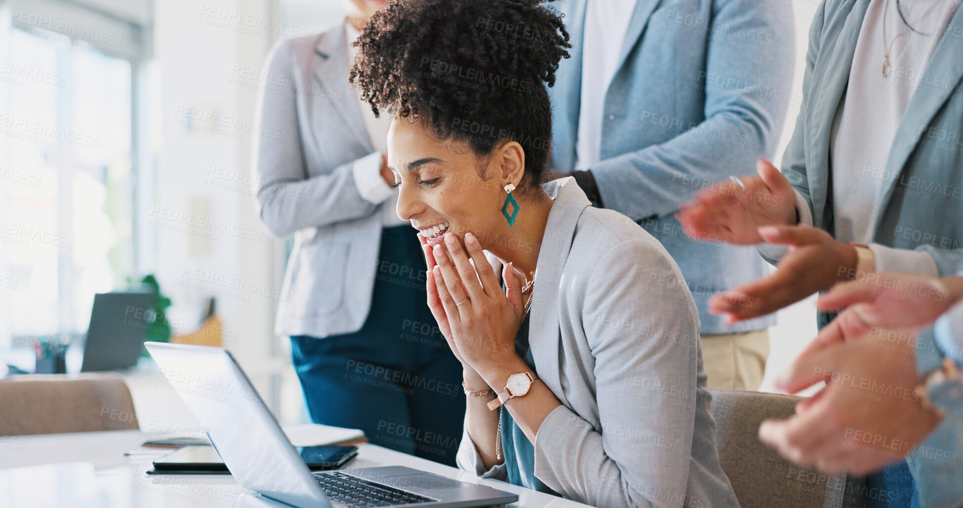 Buy stock photo Happy business people, laptop and applause for good news, promotion or winning together at office. Group of employees smile and clapping in celebration for success or team achievement at workplace