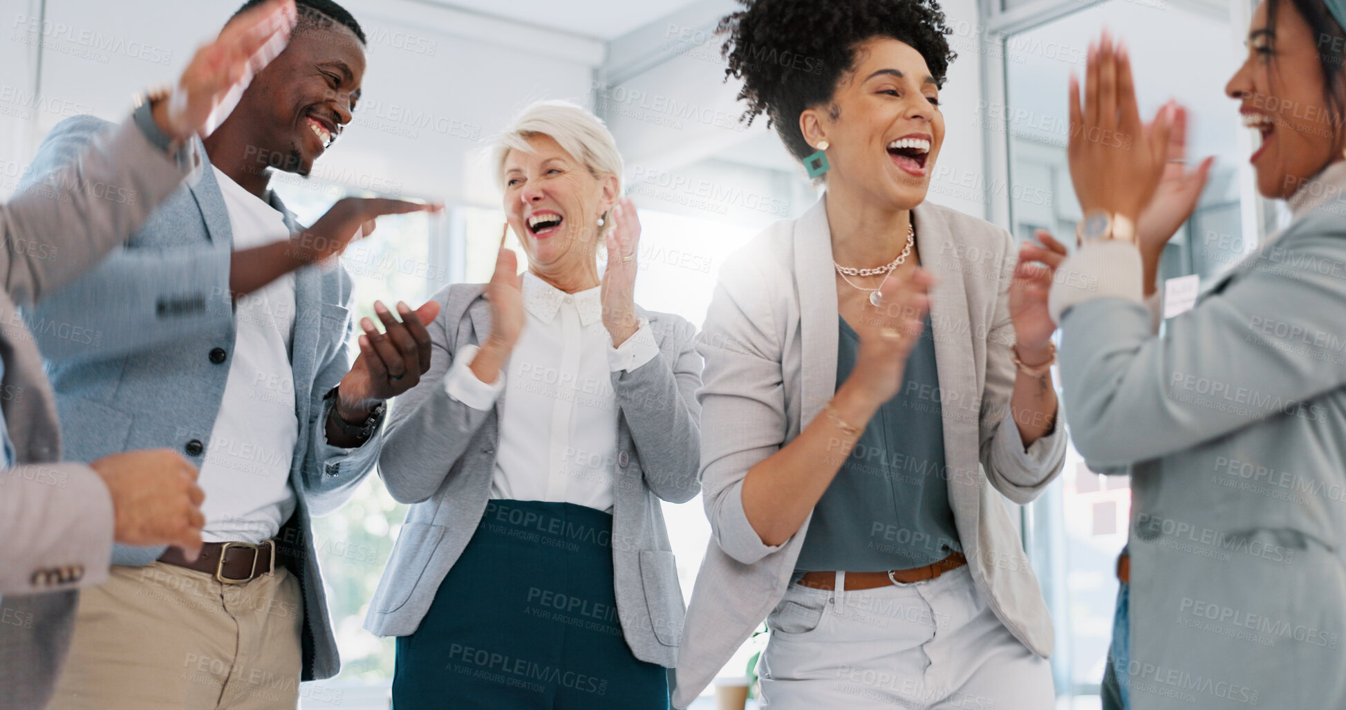 Buy stock photo Business collaboration, celebration and happy people applause, congratulations and excited for winner announcement. Support, teamwork and group clapping for achievement, sales success or winning deal