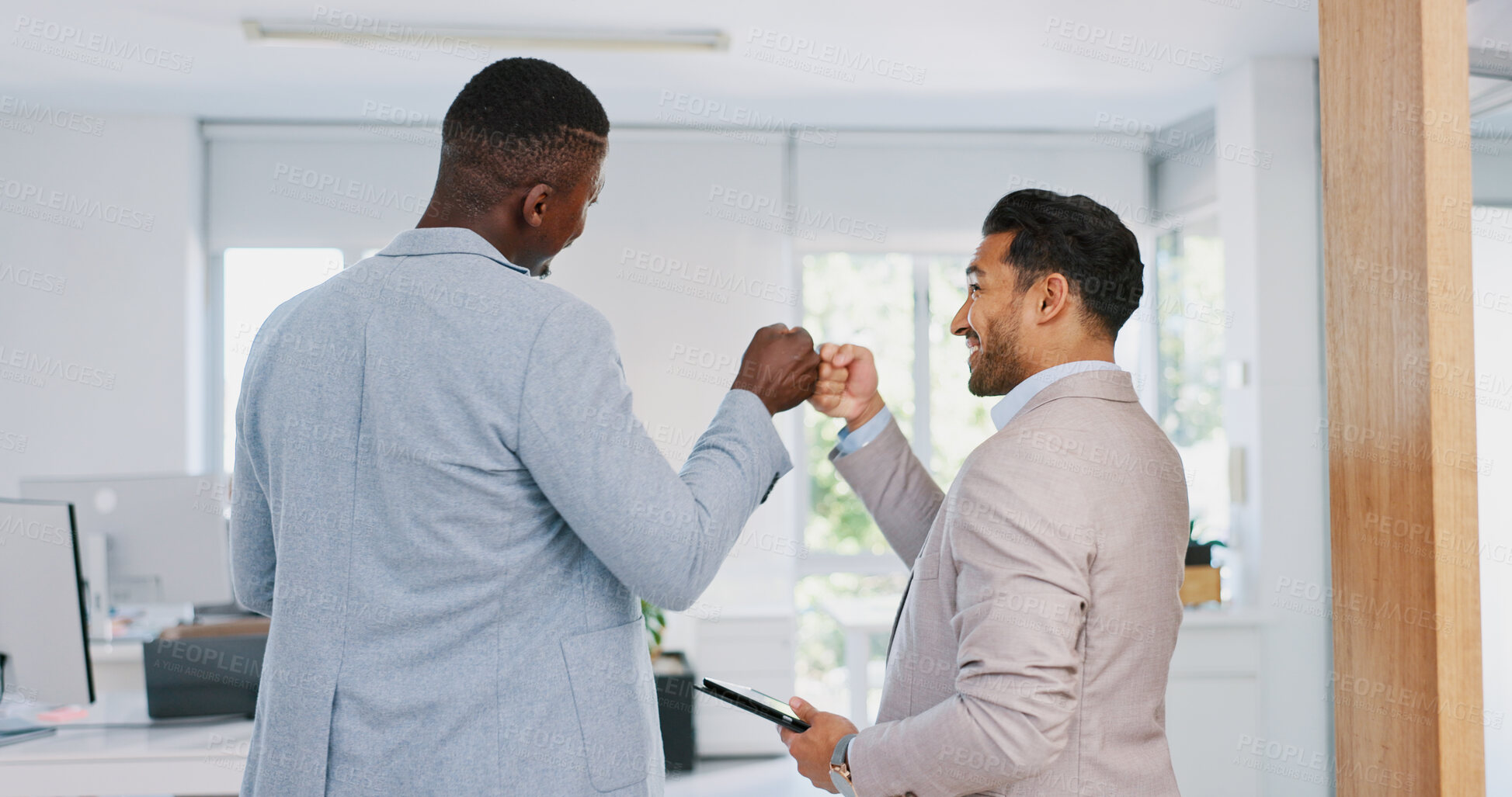 Buy stock photo Corporate partner, fist bump and team happiness, congratulations and celebrate partnership, winner or deal. Support, teamwork and back of people smile for achievement, sales success or business goals