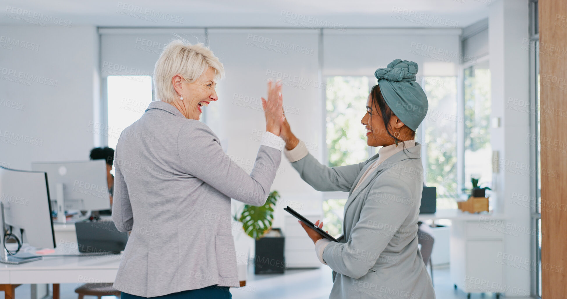 Buy stock photo Senior, CEO or business women high five for support, team work or sales goals at an agency office. Smile, mature lady or happy employees winning with motivation, partnership or mission for success 