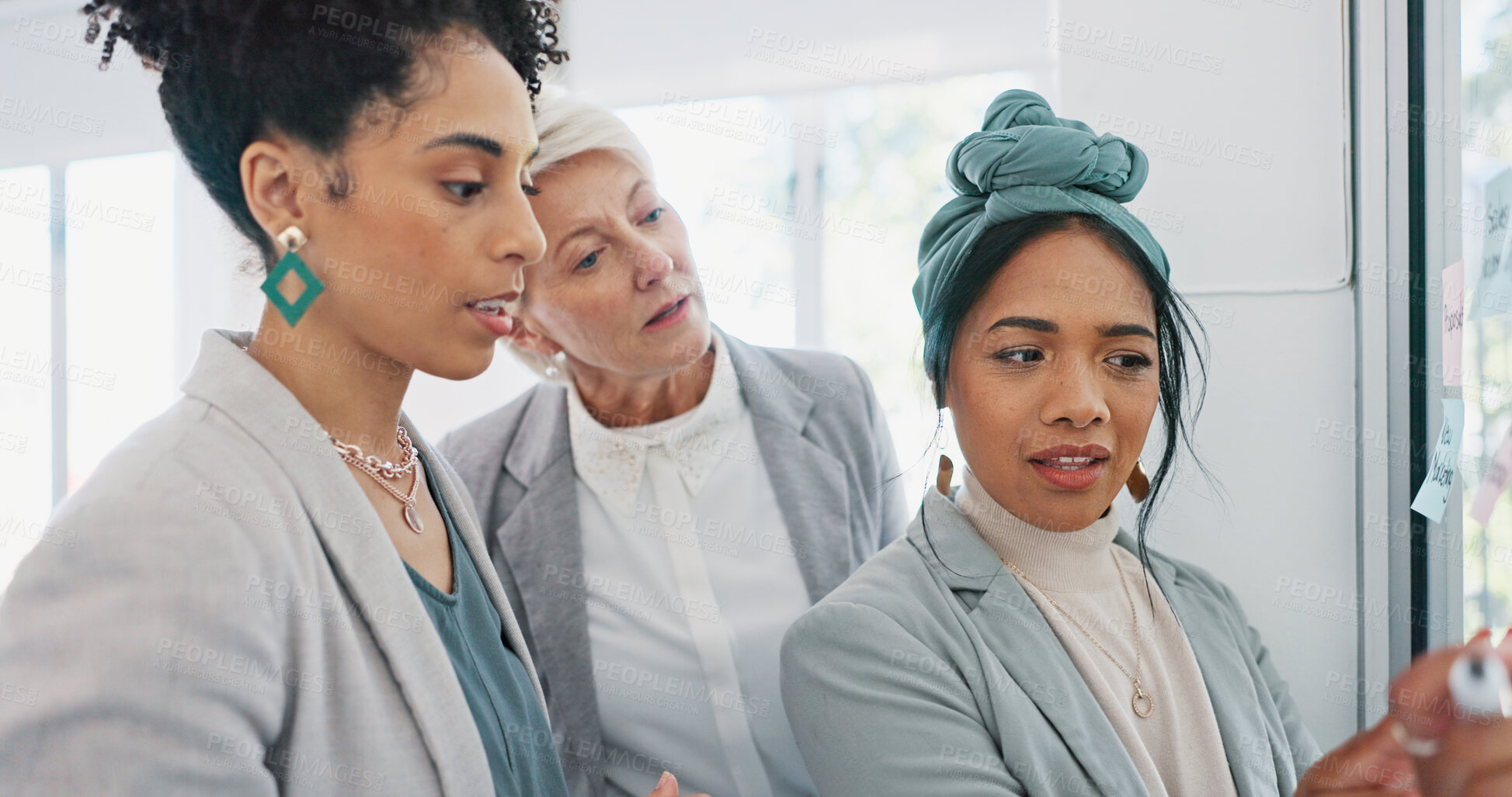 Buy stock photo Teamwork, planning and talking with collaboration of business people in company in office. Sticky notes idea, glass board and group of women working together on project in meeting with communication