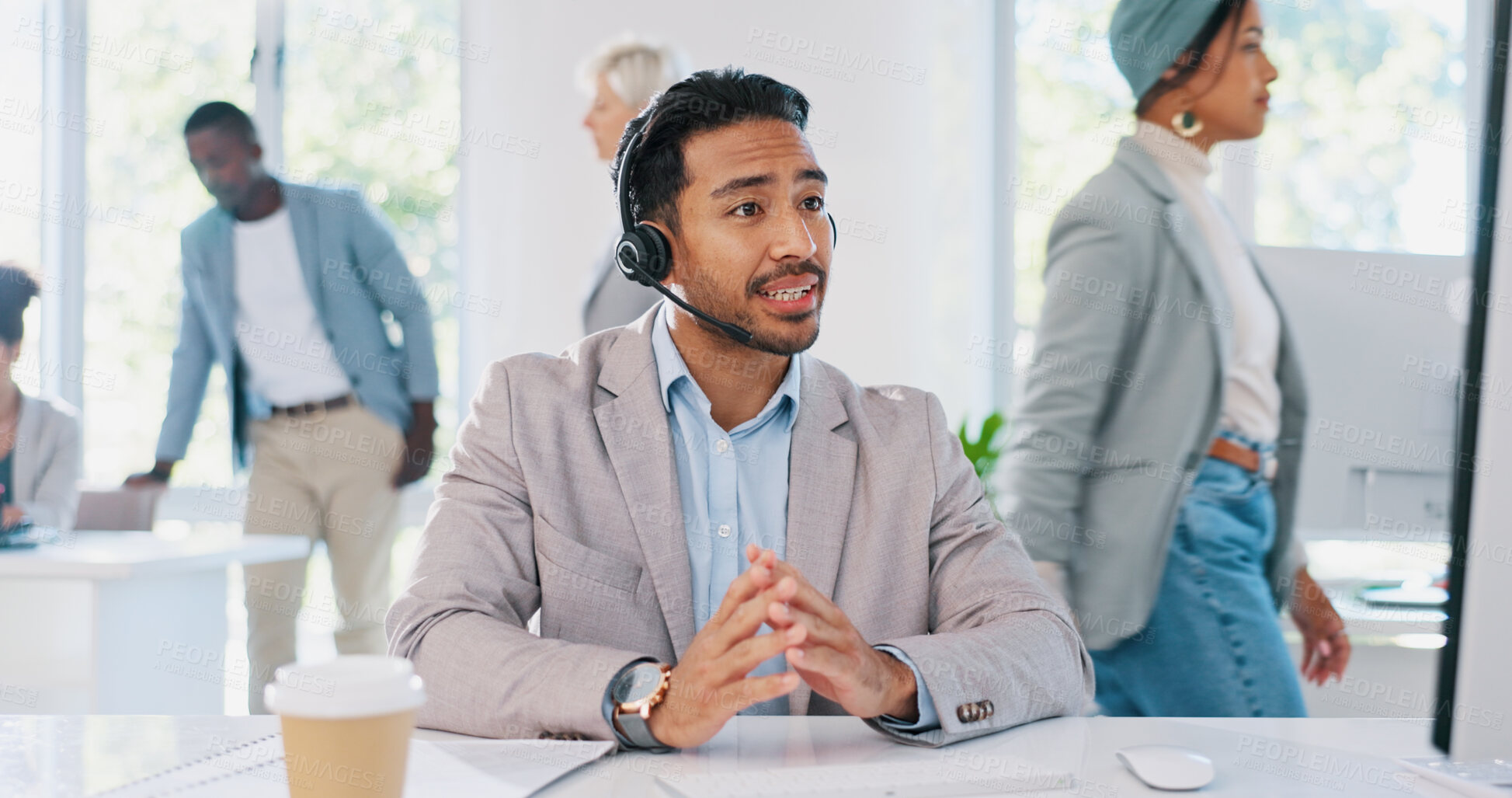 Buy stock photo Customer service, call center and business man consulting in office with conversation and advice. Crm, internet support and telemarketing worker or agent talking with contact us and communication