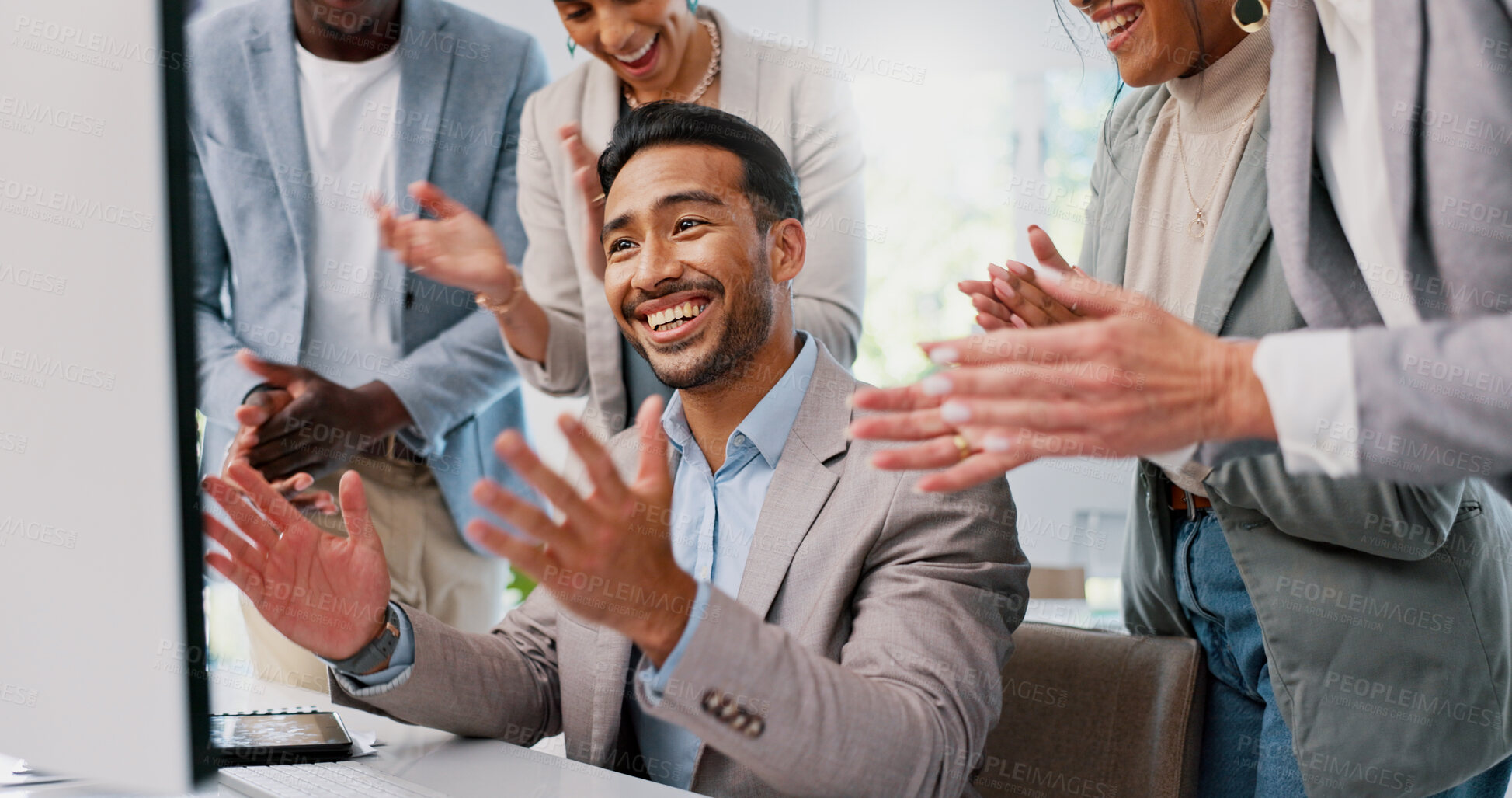 Buy stock photo Applause, computer and business people in office with congratulations, good news or celebration. Success, collaboration or team clapping hands in support of promotion, achievement or startup approval