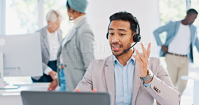Customer service, call center and man consulting in office workplace. Crm, customer support and telemarketing worker, sales agent or happy male consultant talking, networking or communication at desk