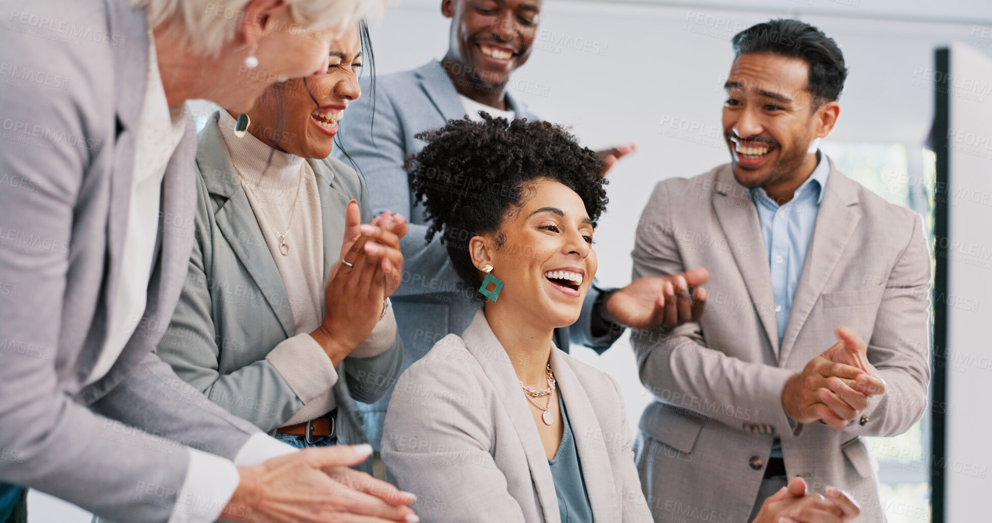 Buy stock photo Business people applause, computer and happy woman celebrate online promotion news, corporate competition win or notification. Goals, bonus or team praise for achievement, success or victory feedback