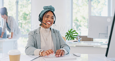 Customer support, crm or woman in call center telemarketing, typing or helping client with loan advice at computer desk. Customer services, technical support or worker speaking or talking for sales