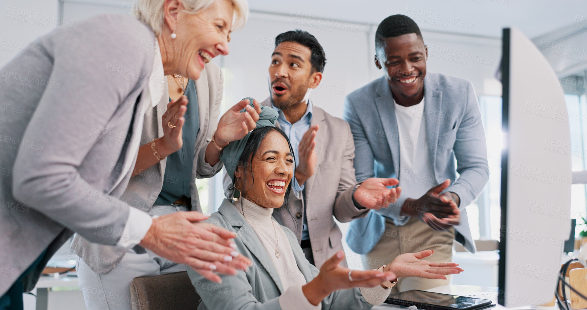 Buy stock photo Business people, applause and computer in office with congratulations, good news or celebration. Success, collaboration or team clapping hands in support of promotion, achievement or startup approval