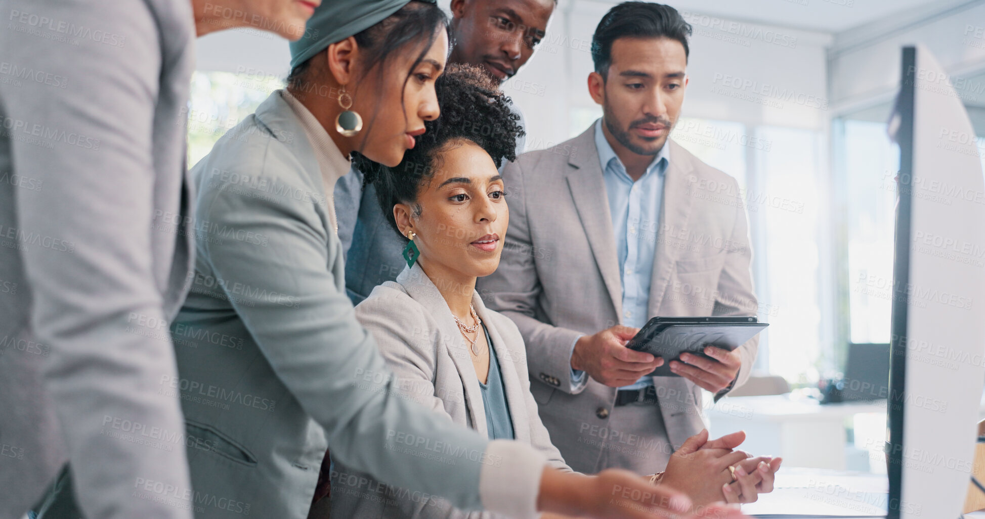 Buy stock photo Teamwork, computer planning and tech collaboration of business people in company for data in office. Talking, communication and group of staff working together on website management project for app