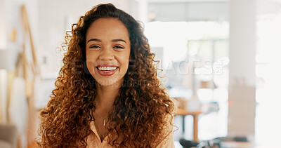 Fashion design, portrait and woman with smile while working in retail at a shop or boutique. Face of a young, comic and creative designer laughing, being funny and happy at studio or store for design
