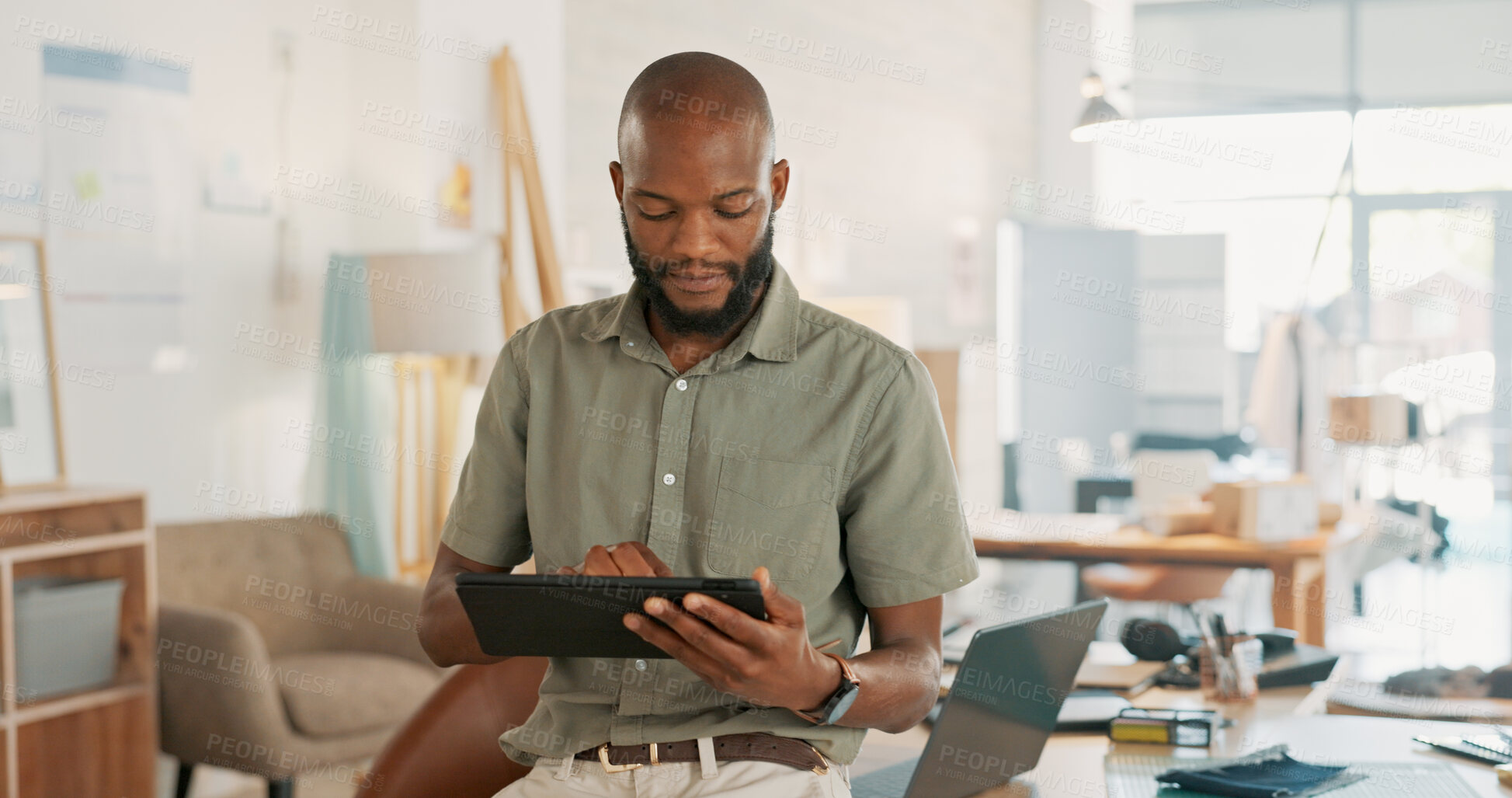 Buy stock photo Tablet, business and black man in office for email marketing, planning or schedule management and research. Digital, commerce and African guy manager online for social media, startup or advertising
