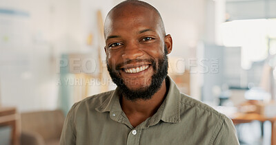 Tablet, corporate and businessman working, planning and reading an email on the internet at work. Portrait of a happy African employee with a smile while typing and networking on technology