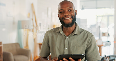 Tablet, office and business black man with digital marketing, company asset management and startup career. Commerce, technology and businessman entrepreneur, boss or manager in a work smile portrait