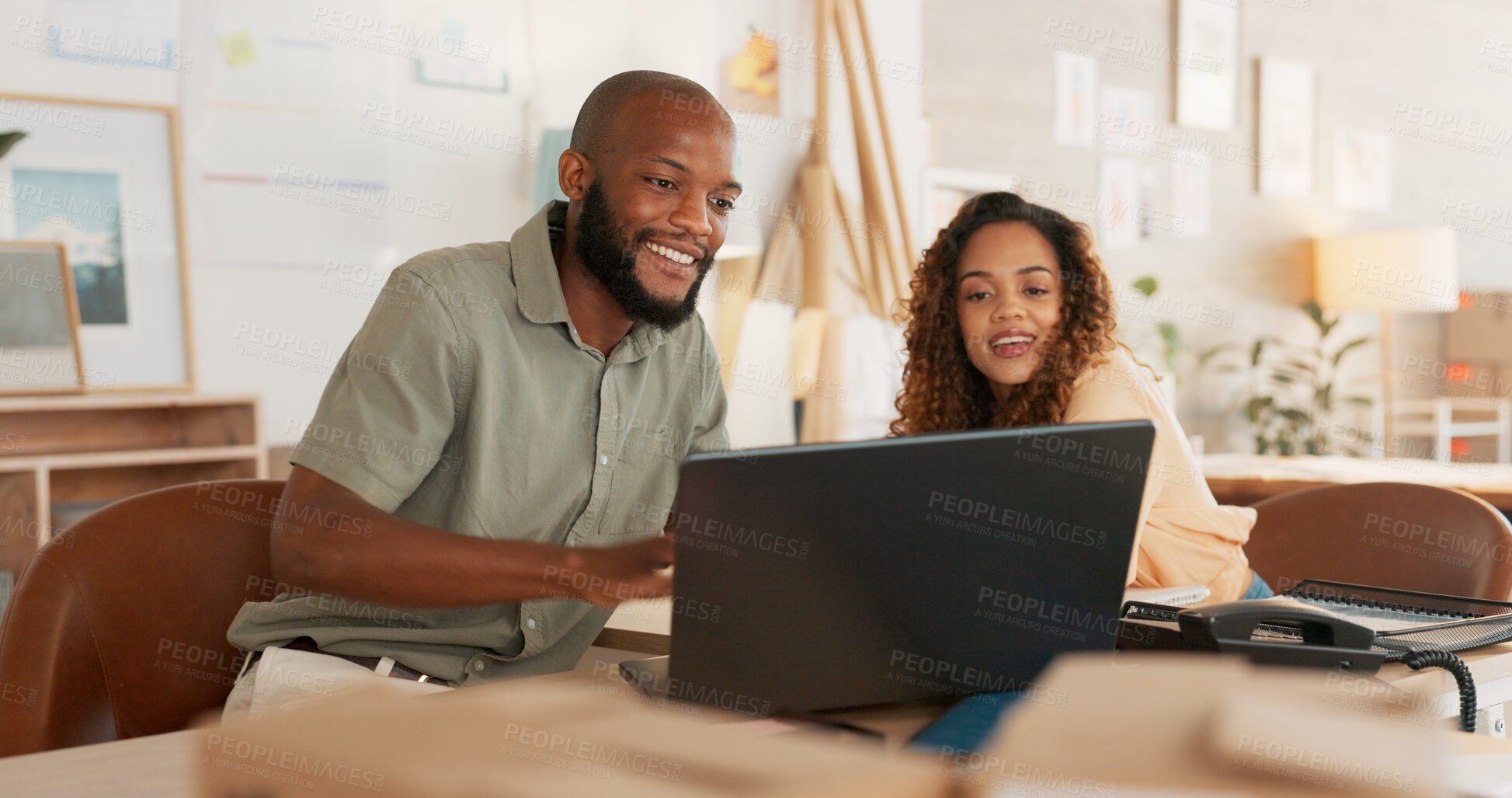 Buy stock photo Business people, laptop and planning with connection, cooperation and creative with collaboration. Staff, black man and woman with a pc, conversation and email notification with teamwork and ideas