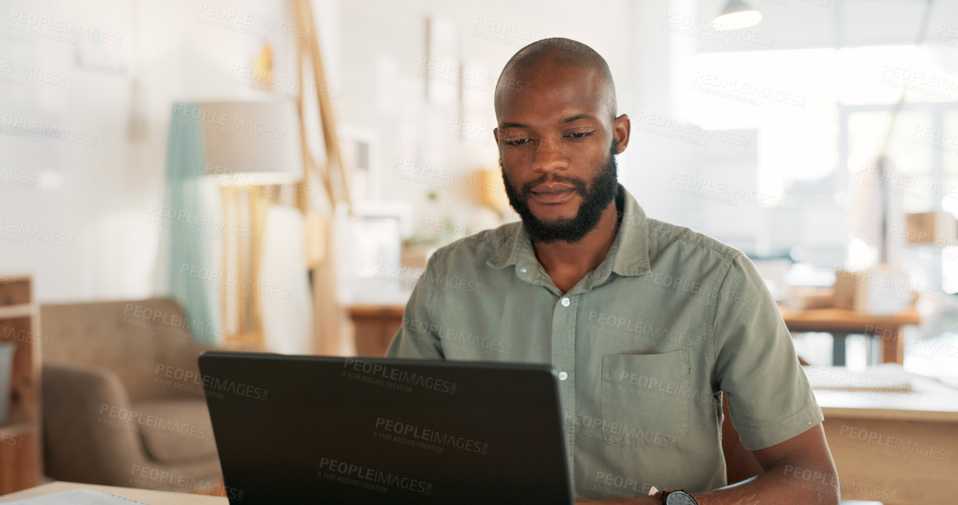 Buy stock photo Business, thinking and black man with a laptop, problem solving and typing with ideas, solution and network. African person, connection and employee with a pc, research and online reading with email