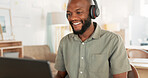 Laptop, headphones and black man on an online video call or meeting for his remote corporate job. Happy, talking and African guy on a webinar, video conference or seminar call with a computer at home