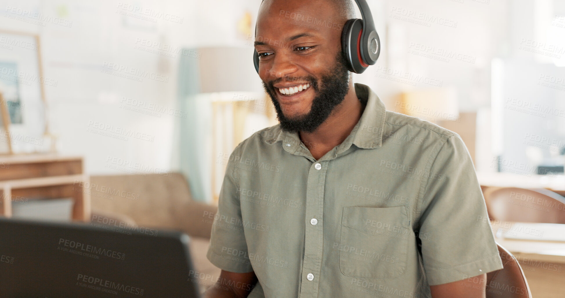 Buy stock photo Laptop, video call and headphones with a business black man in a remote virtual strategy meeting. Computer, smile and communication with a happy young employee in the home office for networking