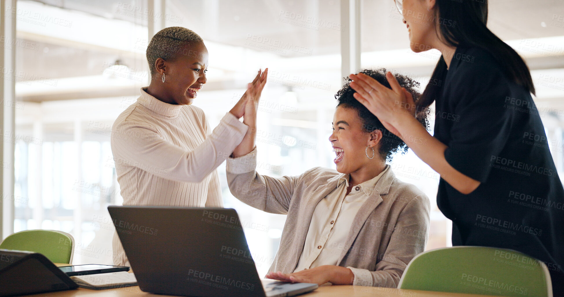 Buy stock photo Business women, high five and laptop for success, celebration and teamwork in marketing sales and startup bonus. Professional employees excited, applause and support for news or results on computer