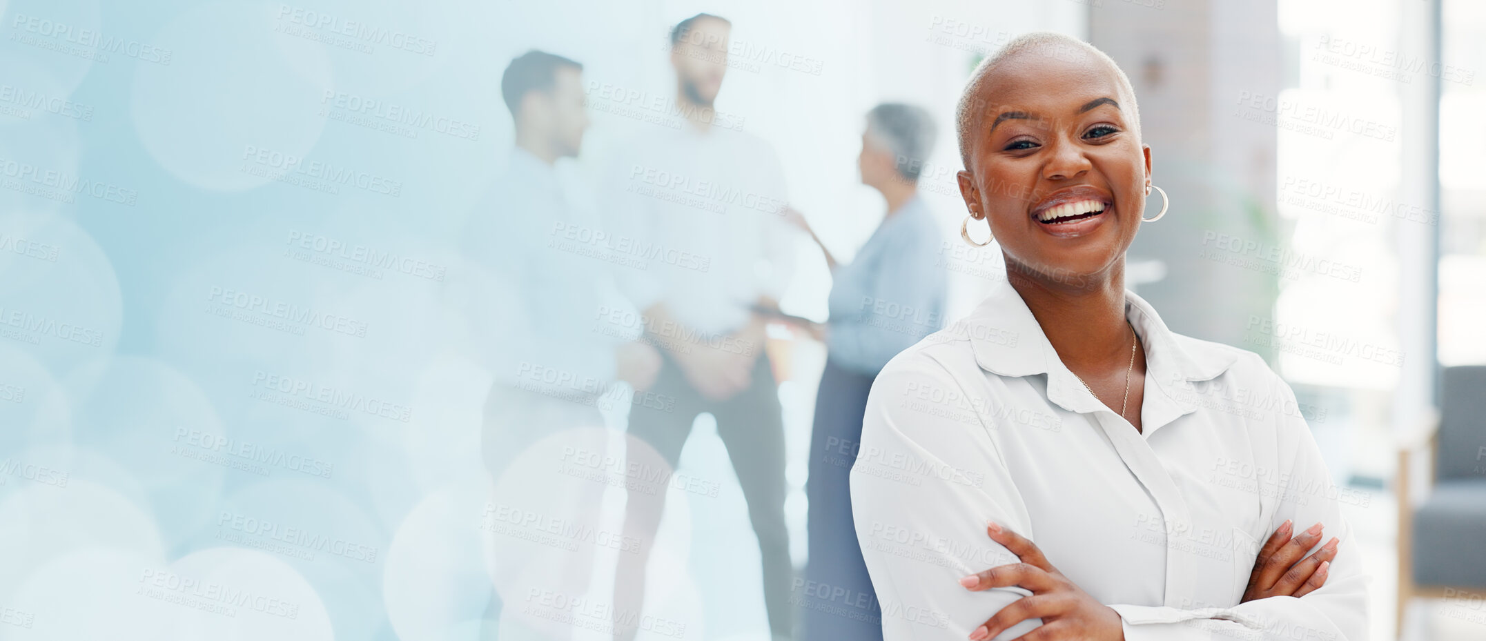 Buy stock photo Portrait, business mockup or black woman with arms crossed with company values or mission. Inclusion culture, space or face of a happy African employee, funny manager or worker laughing with pride