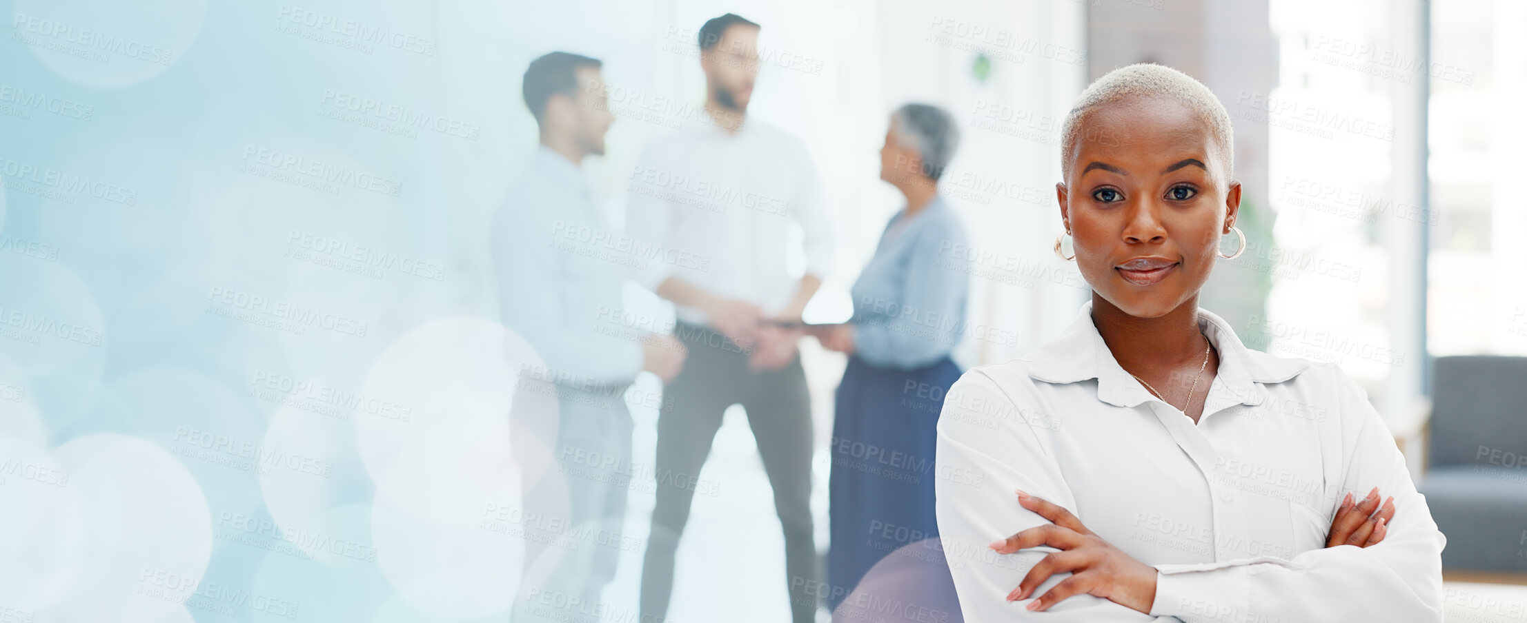 Buy stock photo Portrait, leader and woman in business, banner and bokeh in mockup space for global leadership. African employee, arms crossed and human resources with happiness, company and diversity in office



