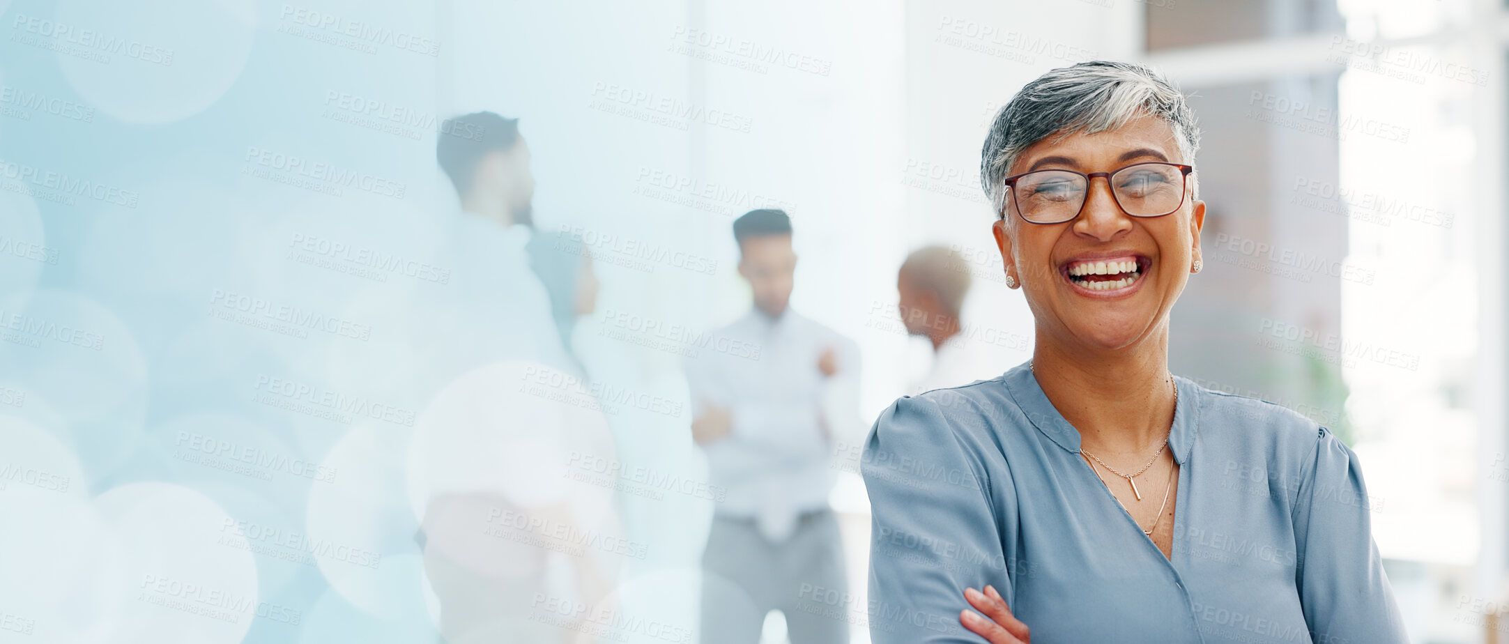 Buy stock photo Portrait, mockup or mature businesswoman with arms crossed, confidence or company mission. Inclusion culture, space or face of a happy employee, senior manager or worker laughing with pride or smile