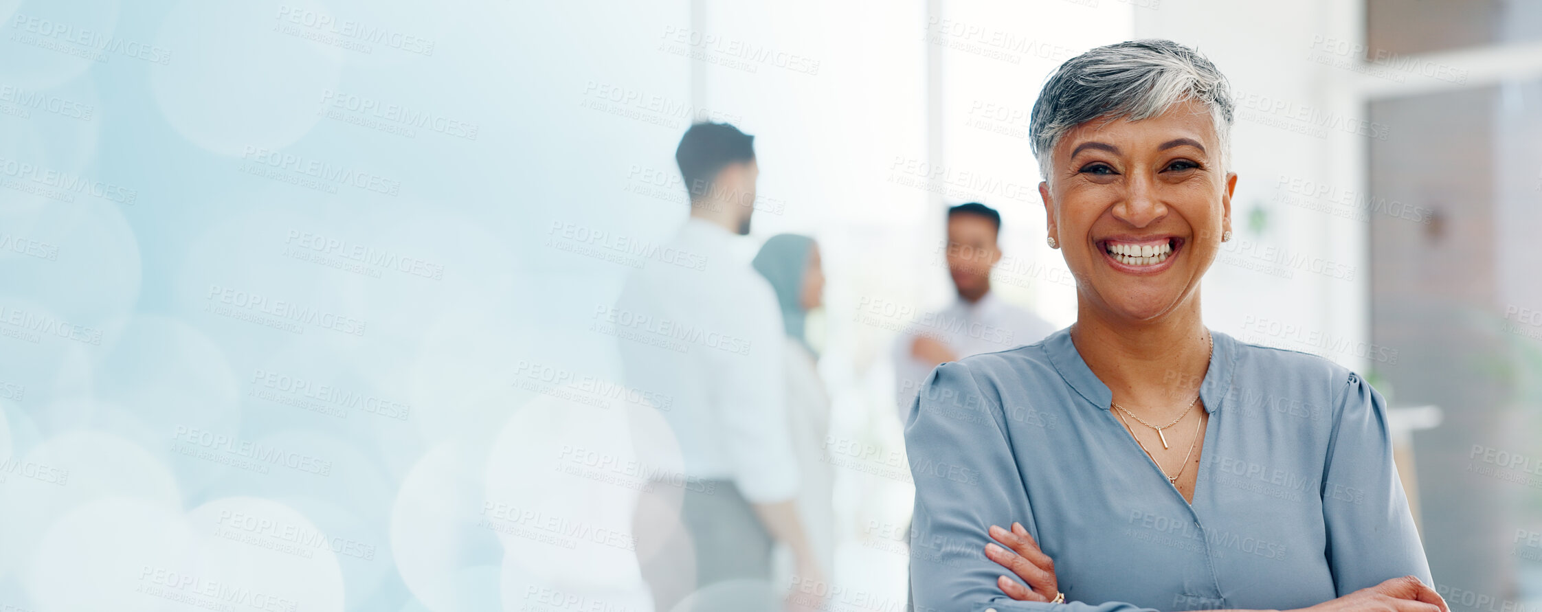 Buy stock photo Portrait, mockup or happy mature businesswoman with arms crossed with about us company meeting. Inclusion culture, space or face of a confident CEO, senior manager or female boss with pride or smile