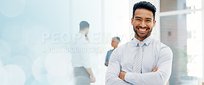 Corporate, face or Asian man arms crossed in workplace, smile or leader for brand development, sales growth or project success. Male employee, ceo or manager with happiness, business or collaboration