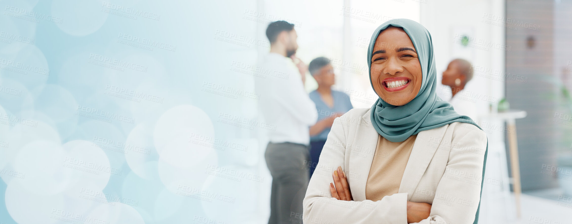 Buy stock photo Portrait, mockup or happy Muslim businesswoman with arms crossed with company values or mission. Inclusion, space or face of a confident Islamic employee, manager or female worker with pride or smile