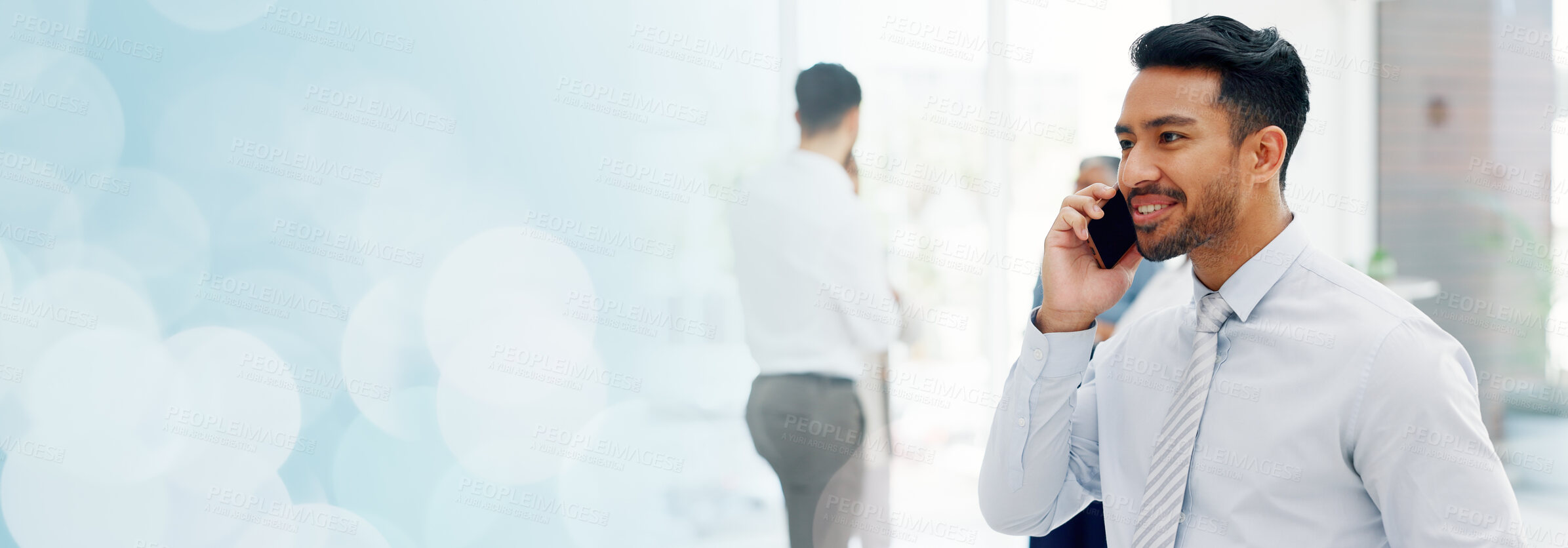 Buy stock photo Businessman, communication mockup or phone call networking in financial advisory company. Discussion, b2b space or happy manager consulting, talking or speaking in conversation on mobile in office