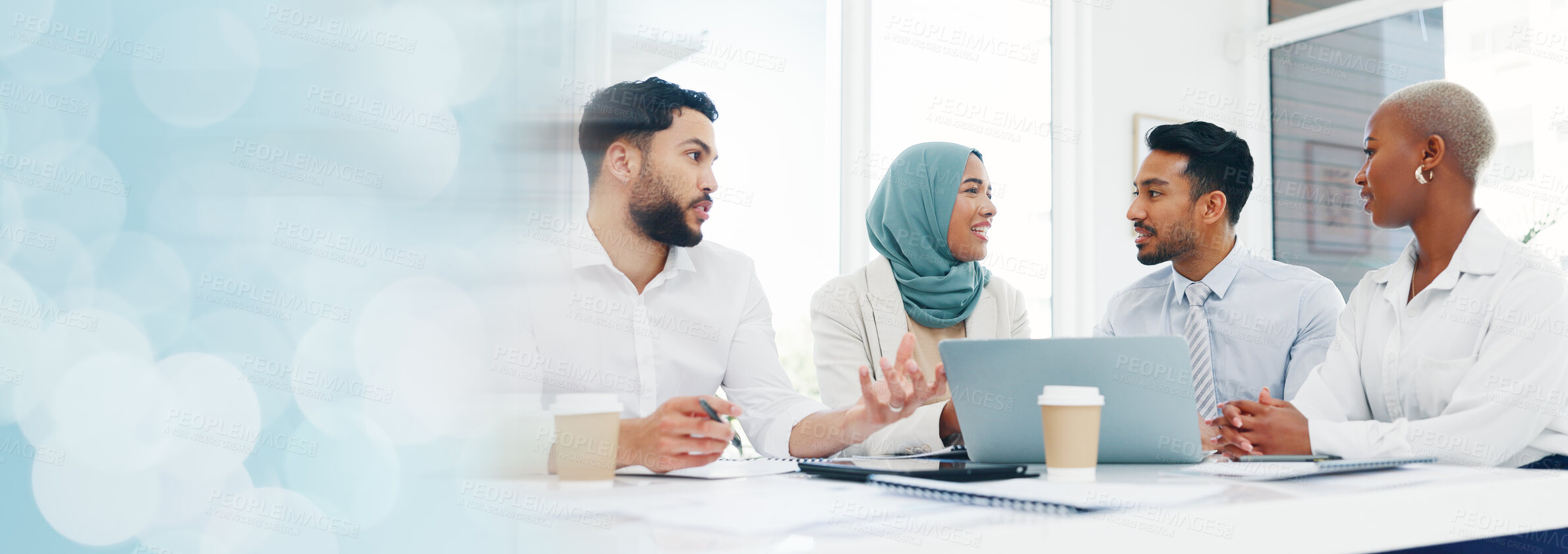 Buy stock photo Mockup, talking or business people in meeting to research a strategy for social media target audience. Teamwork, space or employees speaking of website blog news online for a tech update on laptop