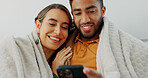 Happy, couple with phone for communication, networking or social media app at home. Movie, video or love man and woman relax in living room streaming online, internet or website with smile in house