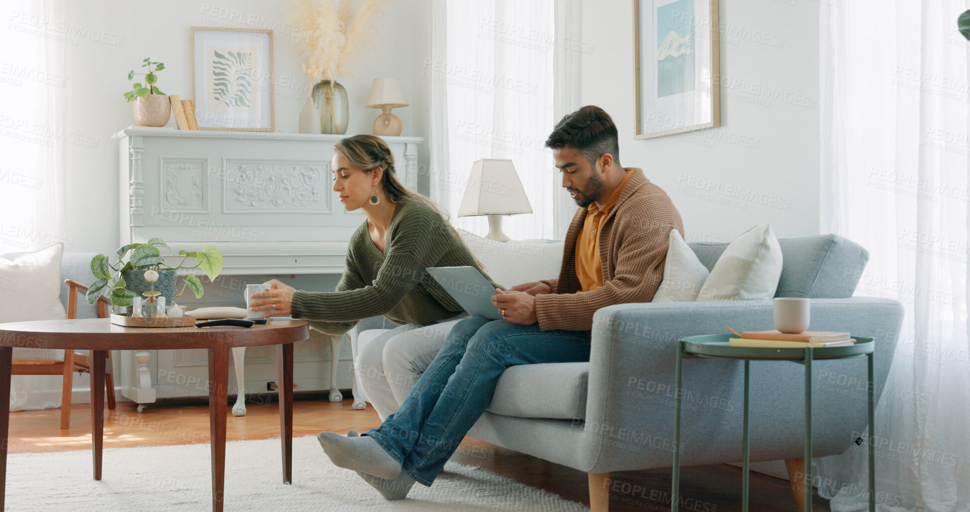 Buy stock photo Couple, laptop and relax on sofa, coffee or search for movie, streaming subscription or social media in house. Man, woman and computer on couch in home living room on holiday for film on internet app