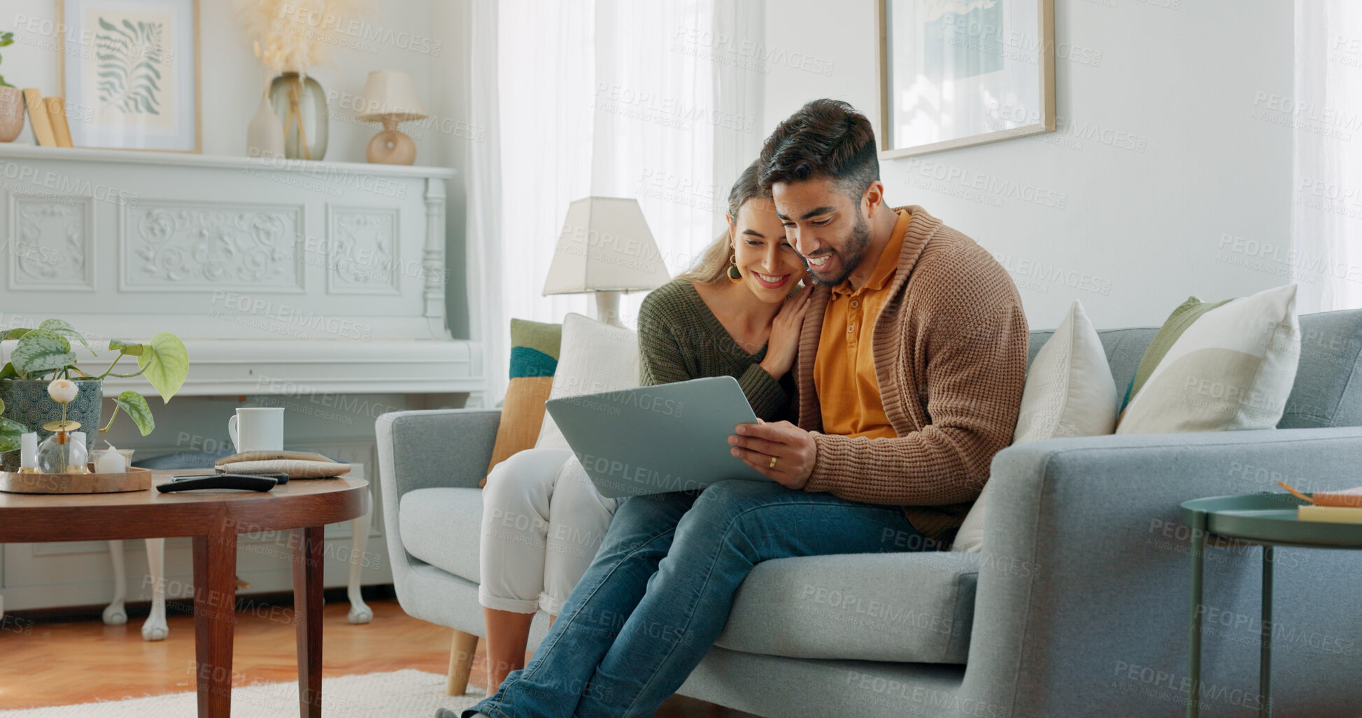 Buy stock photo Happy couple relax on sofa with laptop, hug and search, networking or social media in home. Movie, video or digital app, man and woman embrace in living room streaming online, love and smile in house