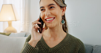 Woman, phone call and laptop on sofa for idea with smile in conversation or discussion at home. Happy female freelancer in communication on smartphone with computer relaxing on living room couch