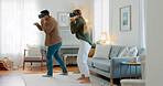 Gaming, vr and metaverse with couple in living room for future, technology and 3d digital games. Innovation, virtual reality and internet with man and woman gamer at home for relax, happy and boxing