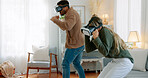 Gaming, vr and metaverse with couple in living room for future, technology and 3d digital games. Innovation, virtual reality and internet with man and woman gamer at home for relax, happy and boxing