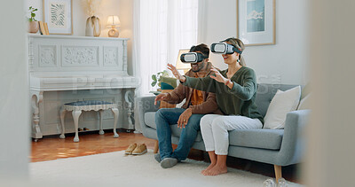 VR gamer couple, metaverse or futuristic tech on sofa in living room for cyber game, 3D gaming or future ai media. Virtual reality, video game or esports for technology, digital fun or online fantasy