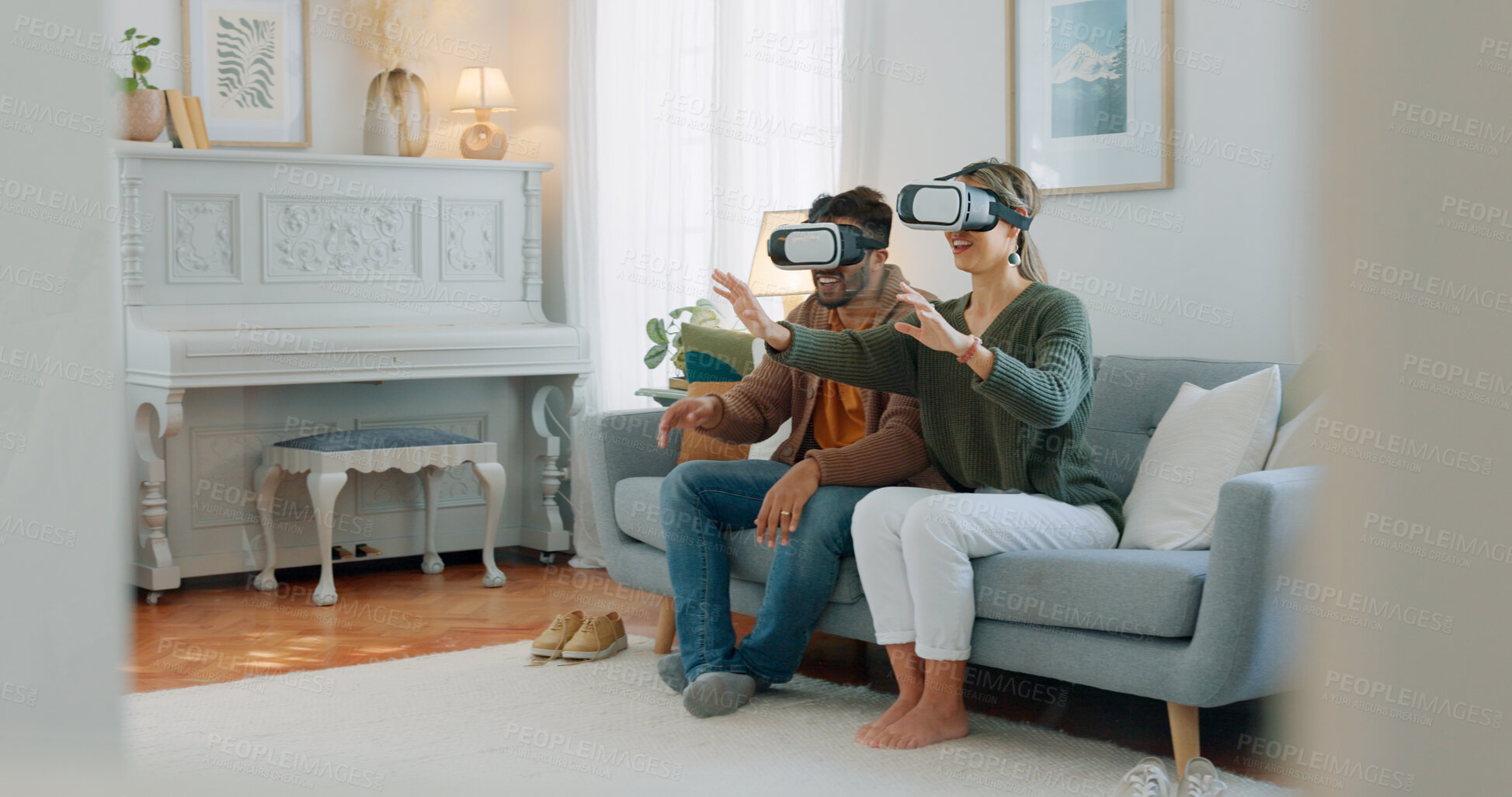 Buy stock photo Virtual reality, home and happy couple playing video game, cyber augmented reality or RPG simulation. Entertainment, future metaverse or marriage people gaming, VR experience or esports fun in lounge