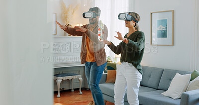 Vr gaming, young couple and virtual headset for metaverse experience at home playing game or interactive movie. Futuristic technology, 3d and virtual reality man and woman online for cyber fantasy