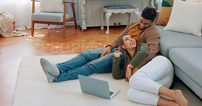 Love, laptop and relax diversity couple enjoy quality time together, house peace and bonding in home living room. Online shopping, happy woman and calm man in communication discussion about choice