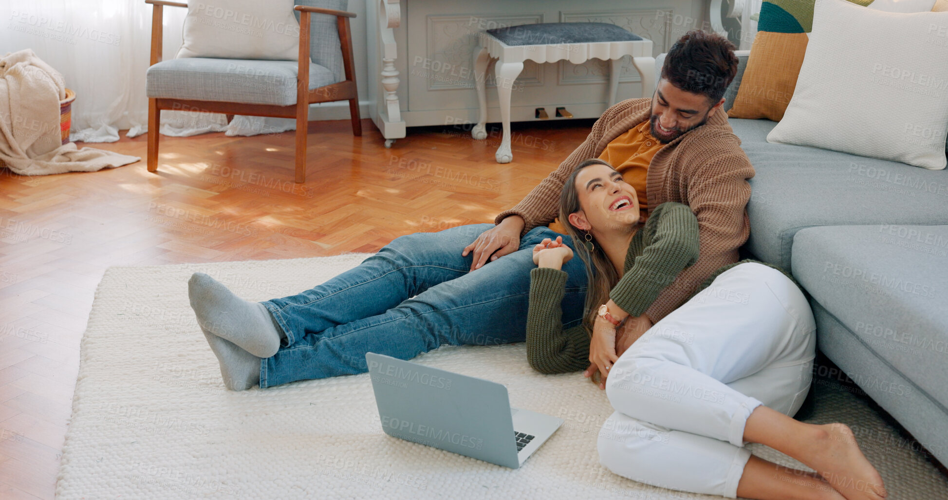 Buy stock photo Couple, floor and laptop with smile for movie or speaking, living room for relax or peace. Happy partnership, together or communication for streaming film, enjoy tv subscription with website in home