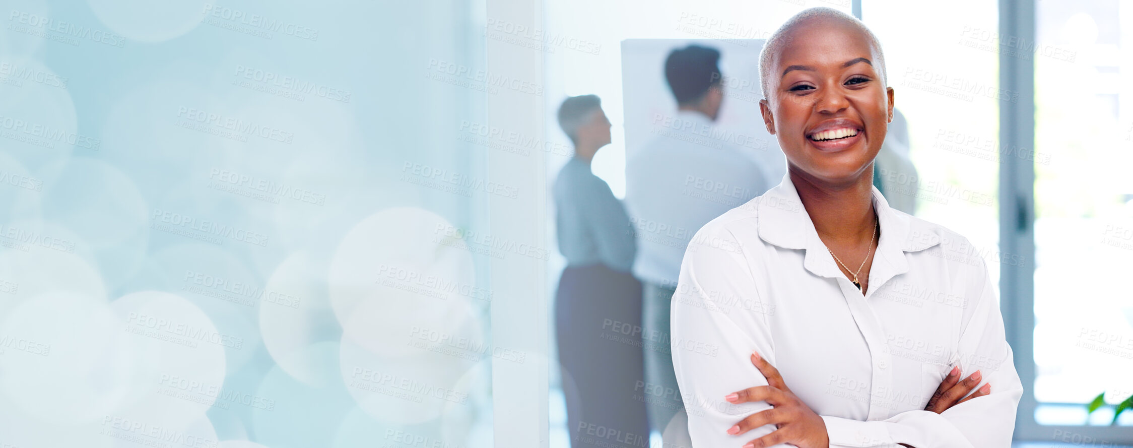 Buy stock photo Portrait, overlay and black woman with confidence, mockup bokeh and office management with smile. Face, banner space and happy businesswoman with arms crossed, pride and business recruitment agency.