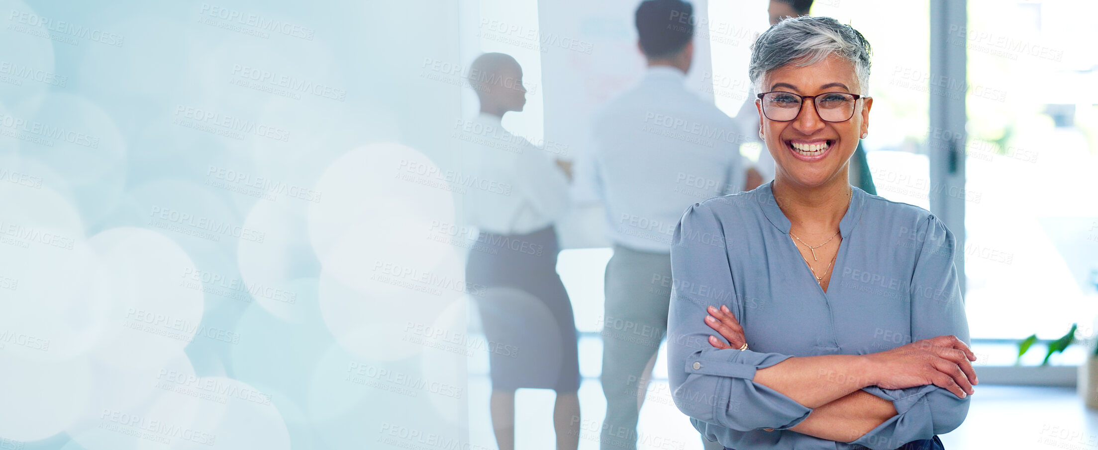 Buy stock photo Portrait, banner and woman with confidence, mockup bokeh and senior office management with smile. Face, info space and happy businesswoman with arms crossed, pride and recruitment at business agency.