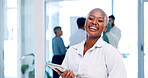 Face, corporate and black woman with tablet, smile and digital marketing for sales growth, goals and workplace. Portrait, African American female employee or leader with happiness and online schedule