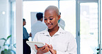 Face, corporate and black woman with tablet, smile and digital marketing for sales growth, goals and workplace. Portrait, African American female employee or leader with happiness and online schedule