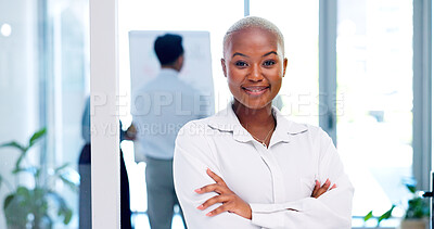 Face of a business black woman proud and happy with company values, mission and inclusion culture in office. Workplace, corporate and smile of african employee or worker vision, goals and laughing