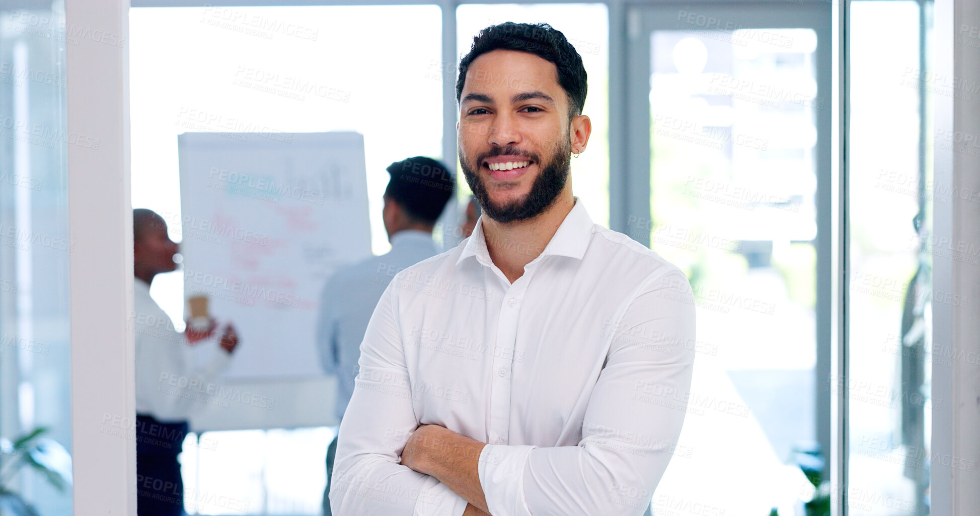 Buy stock photo Portrait, smile and man with confidence, leadership and office management at media agency. Face, arms crossed and happy businessman, leader in strategy and planning for business development workshop.