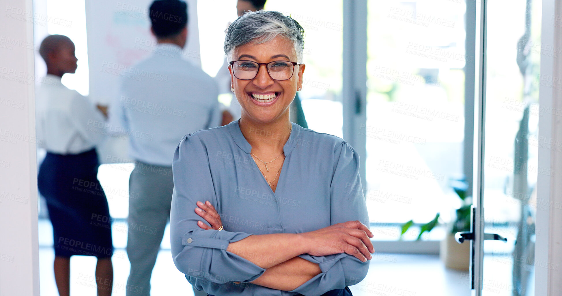 Buy stock photo Portrait, smile and businesswoman with confidence, leadership and senior office management. Face, arms crossed and happy woman team leader in strategy and planning for business development workshop.