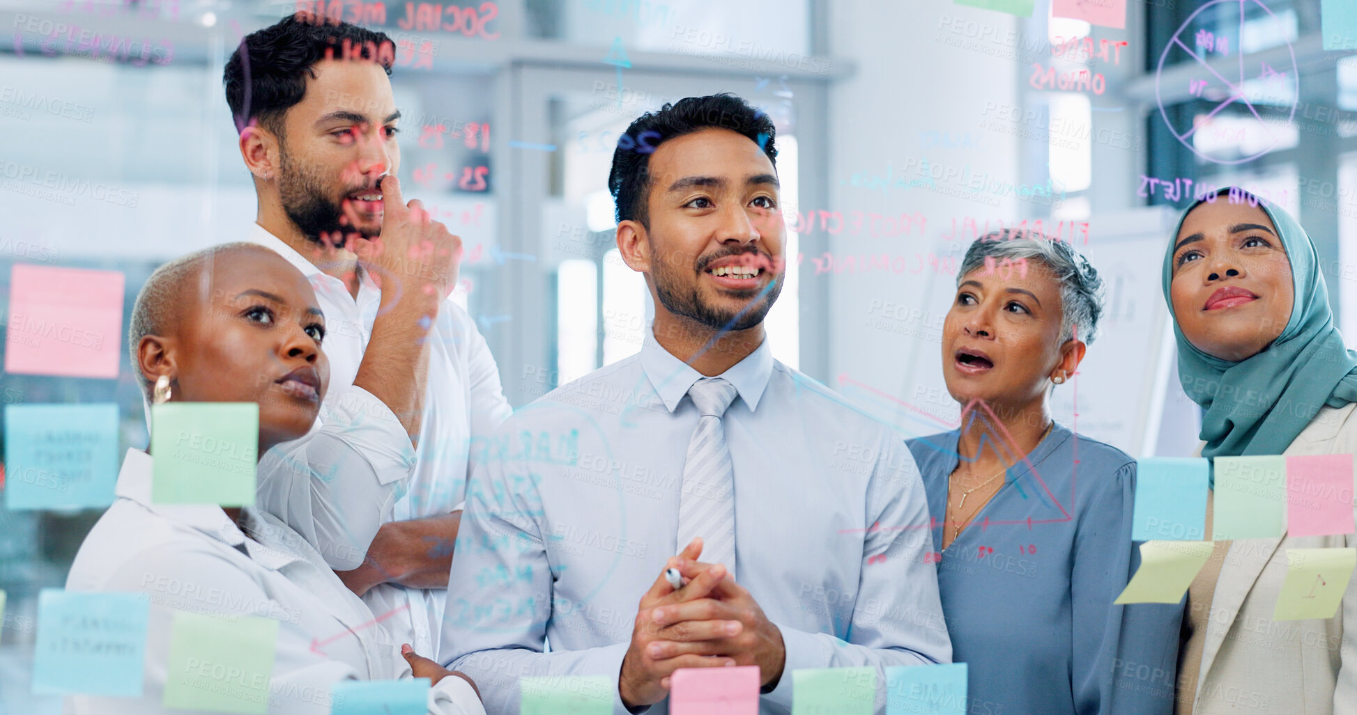 Buy stock photo Meeting, collaboration and sticky note with a business team and man training, planning or strategy on glass in office. Scrum, diversity and discussion with men and women group and leader at workshop