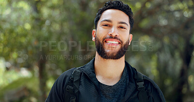 Young man portrait, nature hiking and freedom, travel and adventure in peace, calm and morning hike outdoors. Happy, fitness and smile arab guy, trekking travel and summer park in Egypt environment
