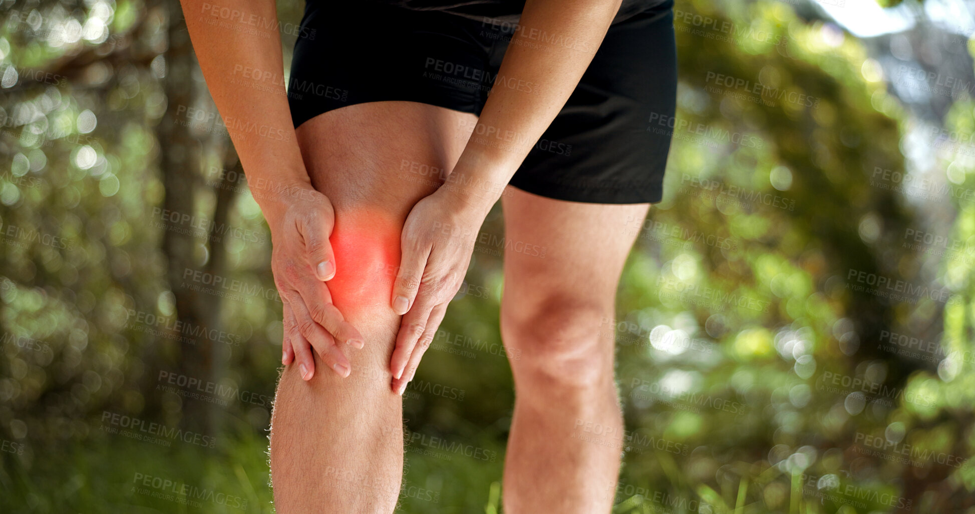 Buy stock photo Fitness injury, knee pain and person massage inflammation problem, workout mistake or nature running fatigue. Red glow, woods exercise or hurt closeup runner with cardio fail, strain or legs accident